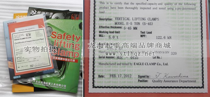 鷹牌E型縱向起吊用夾鉗資質證明